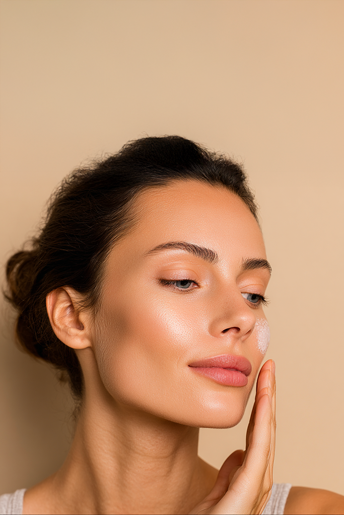 Une femme qui met de la creme sur son visage